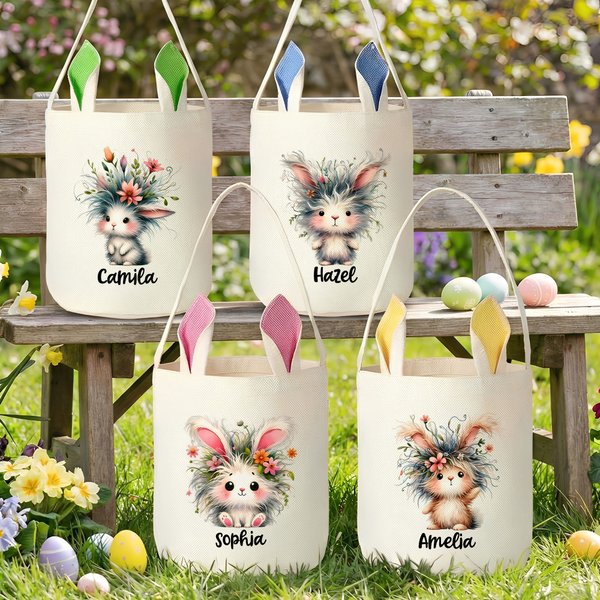Personalized Cute Plush Rabbit Flower Bunny Ears Easter Basket with Name Easter Eggs Hunting Party Favors Gift for Boys Girls