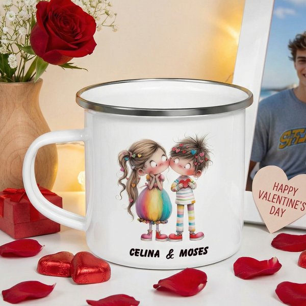 Personalized Cute Cartoon Couple 12 oz Enamel Mug with Name Valentine's Day Anniversary Gift for Couples