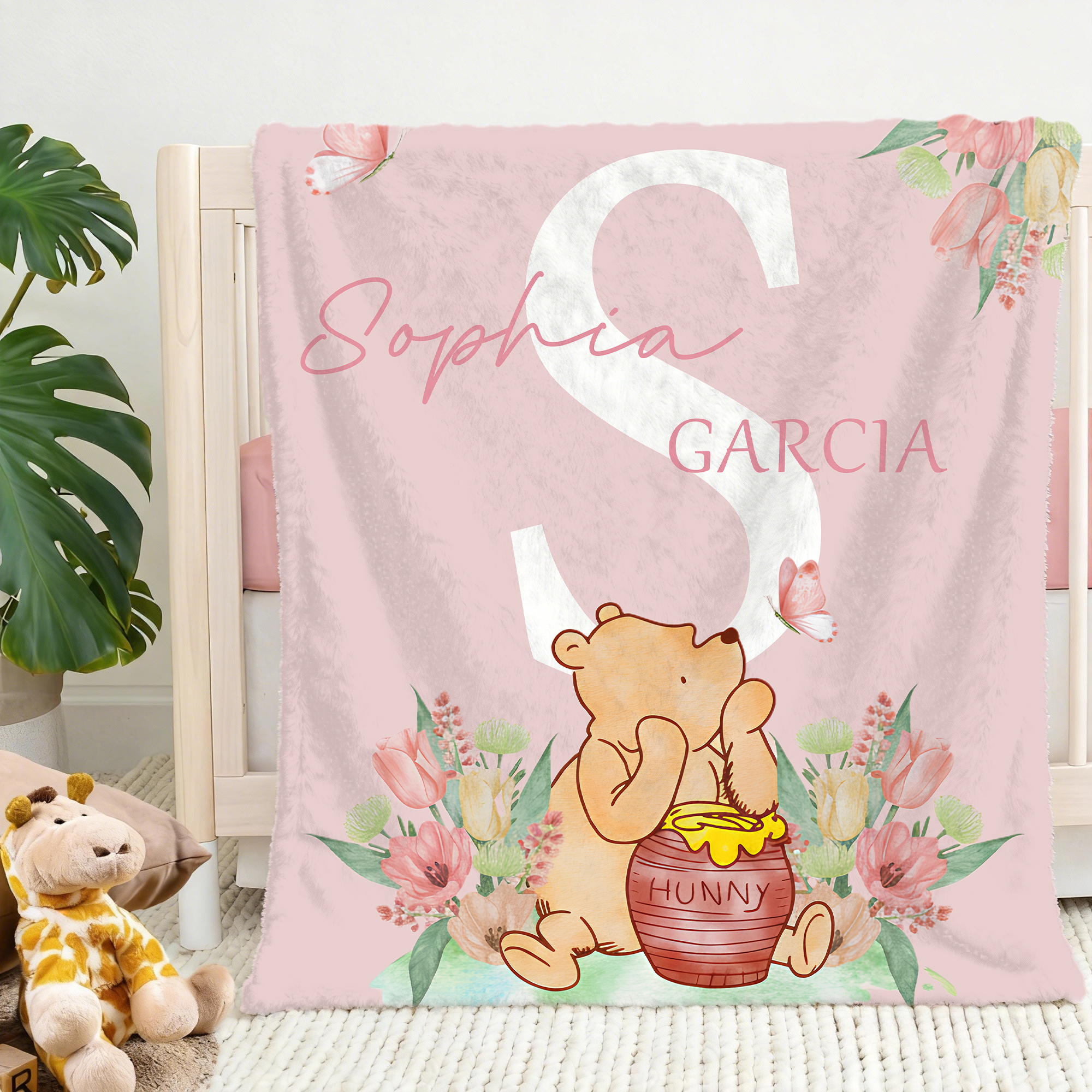 Personalized Classic Winnie the Pooh Pink Tulip Soft Throw Blanket with Name and Initial Birthday Baby Shower Gift for Baby Girl Kid