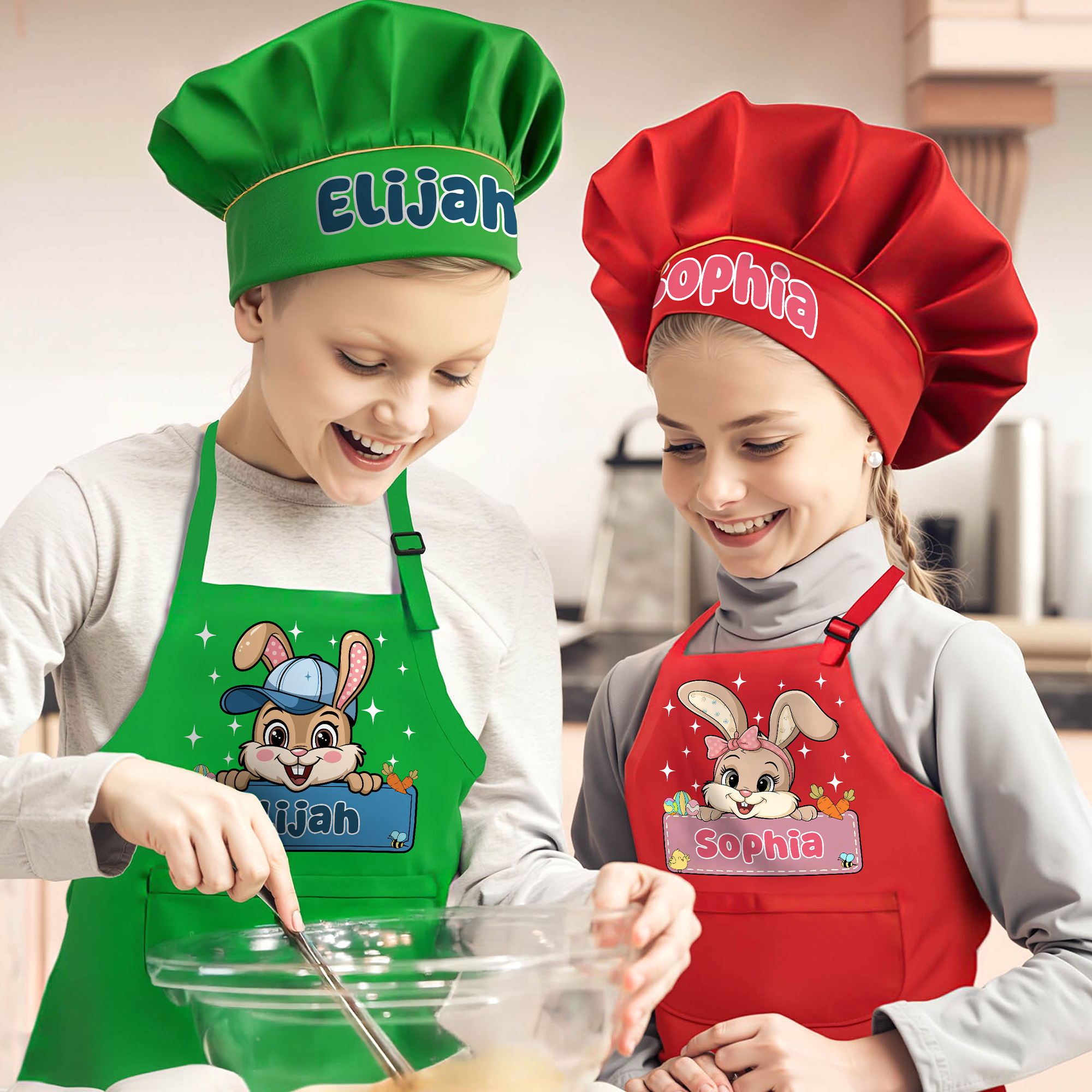 Chapeau avec noeud, lapin de Pâques, oeuf, ajustable, tablier pour enfant, avec nom et pochette, cadeau de Pâques pour garçons et filles.