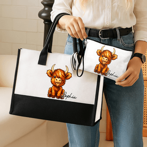 Personalised Highland Cow Large Tote Bag Portable Makeup Bag with Name Travel Accessories Mother's Day Birthday Gift for Women Girls
