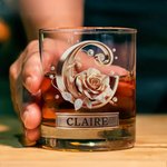 Personalized Rose Alphabet 10 oz Whiskey Glass with Name Valentine's Day Gifts for Couple Whiskey Lover