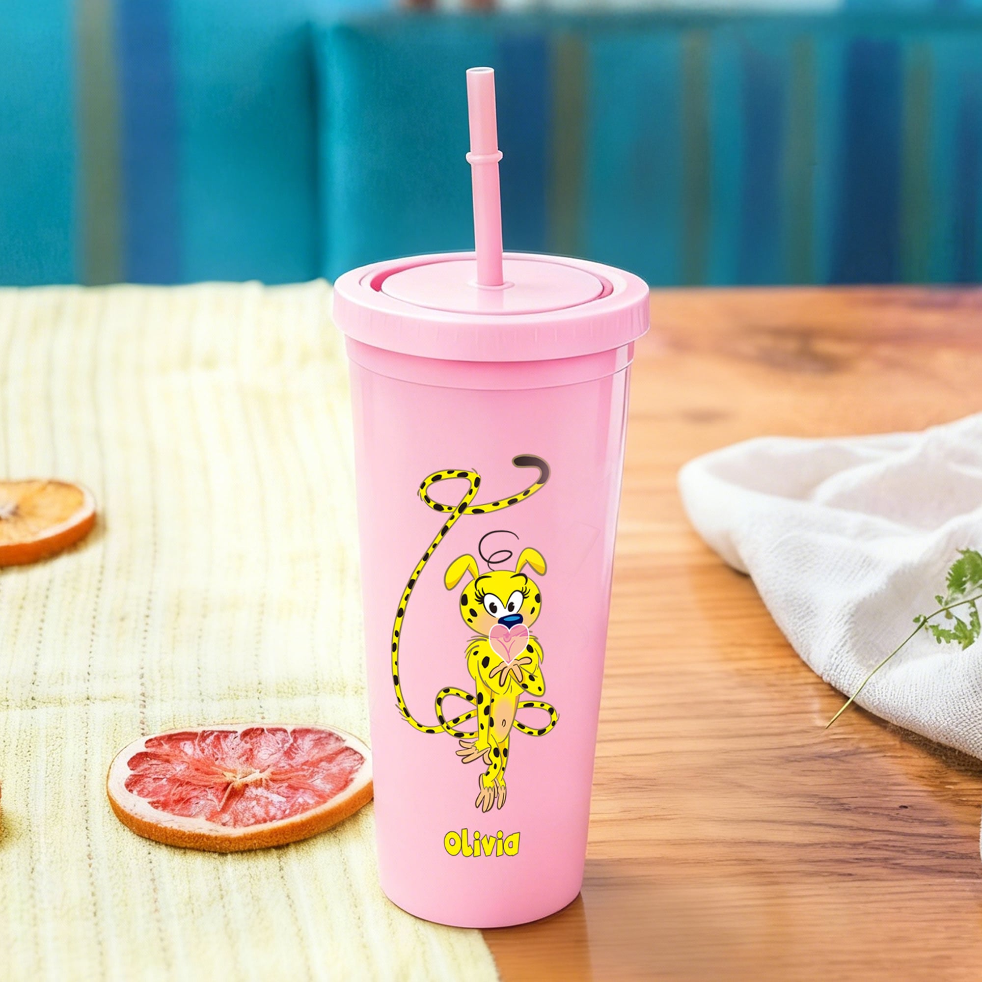 Bouteille d'eau rose personnalisée avec paille Cadeau d'anniversaire pour enfants Callie × Marsupilami®.