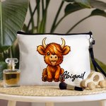 Personalized Cute Highland Cow Linen Makeup Bag with Name and Wrist Strap Birthday Gift for Highland Cow Lovers Women