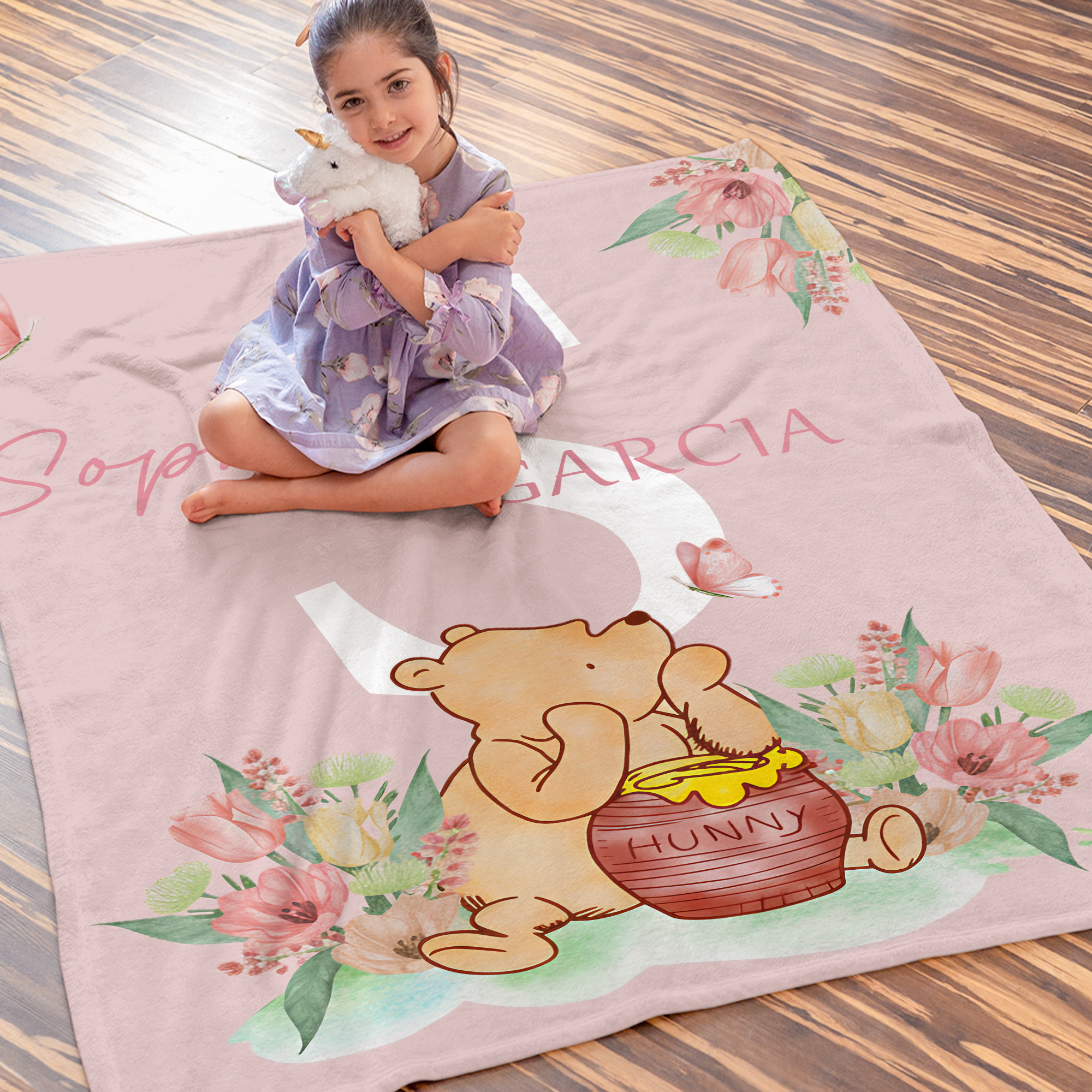 Personalized Classic Winnie the Pooh Pink Tulip Soft Throw Blanket with Name and Initial Birthday Baby Shower Gift for Baby Girl Kid