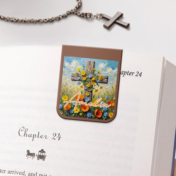Personalised Oil Painting Style Flower Cross Magnetic Bookmark Clip with Name Birthday Reading Gift for Christian Bookworms