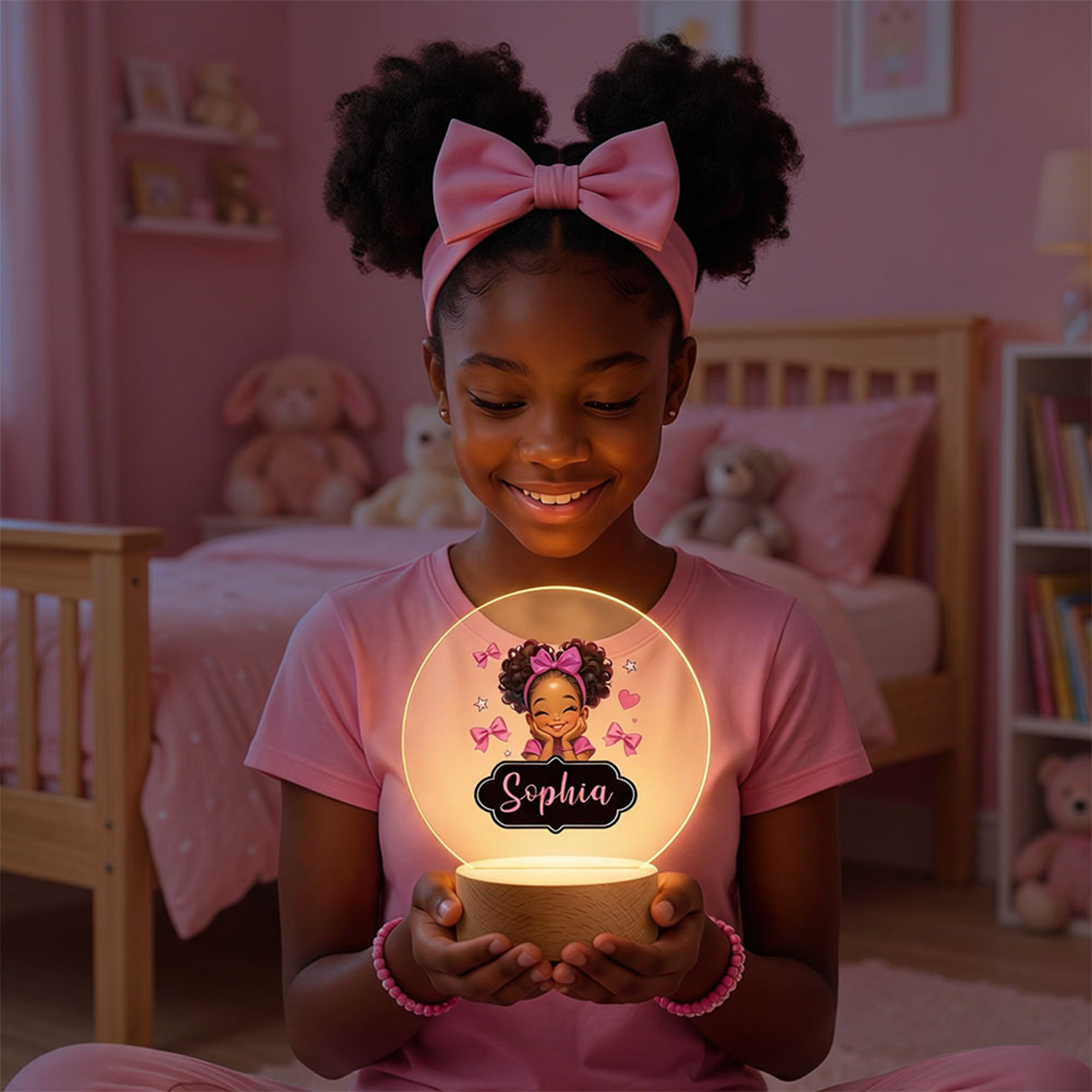Veilleuse LED en acrylique avec nom et base en bois pour petite fille avec noeud personnalisé Cadeau d'anniversaire pour fille noire
