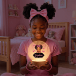 Personalized Bow Cute Cartoon Little Girl LED Acrylic Night Light with Name and Wooden Base Home Decor Birthday Gift for Black Girl
