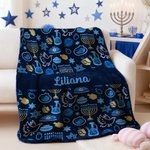 Personalized Blue Hanukkah Element Soft Throw Blanket with Name Home Decor Jewish Festival Party Gift for Family Friend