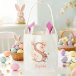 Personalized Watercolor Style Rabbit Flower Bunny Ears Reusable Easter Basket with Initial and Name Egg Hunting Accessories Easter Gift for Boys Girls