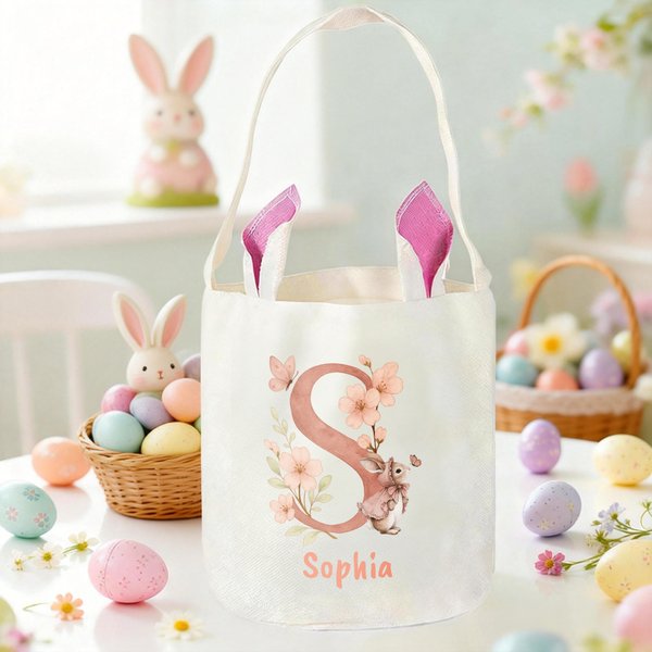 Personalised Watercolor Style Rabbit Flower Bunny Ears Reusable Easter Basket with Initial and Name Egg Hunting Accessories Easter Gift for Boys Girls