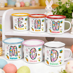 Personalized Cartoon Bunny Easter Eggs Initial 12 oz Enamel Mug with Name Daily Use Happy Easter Gift for Boys Girls