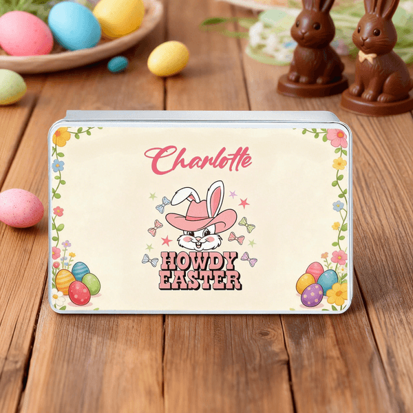 Personalized Howdy Easter Cute Bunny Easter Biscuit Tin Box with Name Easter Party Easter Gift for Children