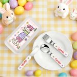 Personalized Cute Bunny Chick Doodle Letter Safe Stainless Steel Kid's Fork Spoon Knife 3 Pcs Cutlery Set with Case and Name Easter Gift for Kids
