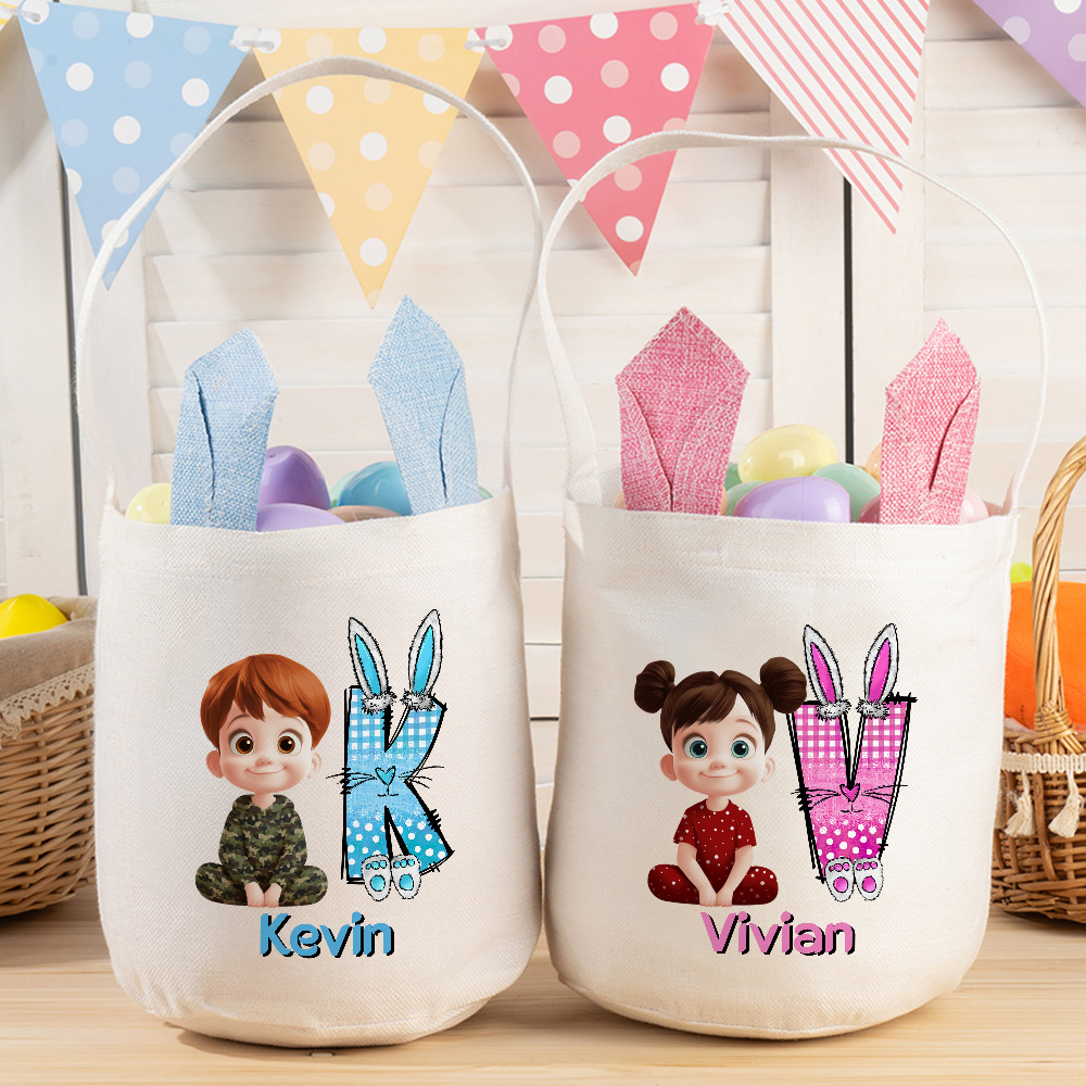Oeuf de Pâques personnalisé Personnage de dessin animé Oreille de lapin réutilisable Panier de Pâques avec nom et initiale Fête de Pâques Favoris Œufs Chasse Cadeau pour enfants