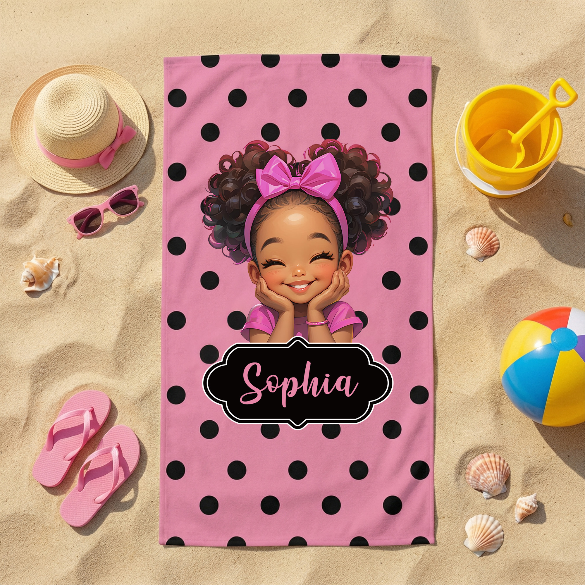 Serviette de plage à pois personnalisée avec nom Cadeau d'anniversaire pour fille noire