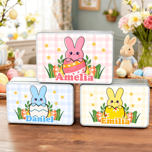 Personalized Cute Bunny Easter Egg Food Grade Metal Biscuit Tin Storage Box with Name Easter Party Gift for Kids