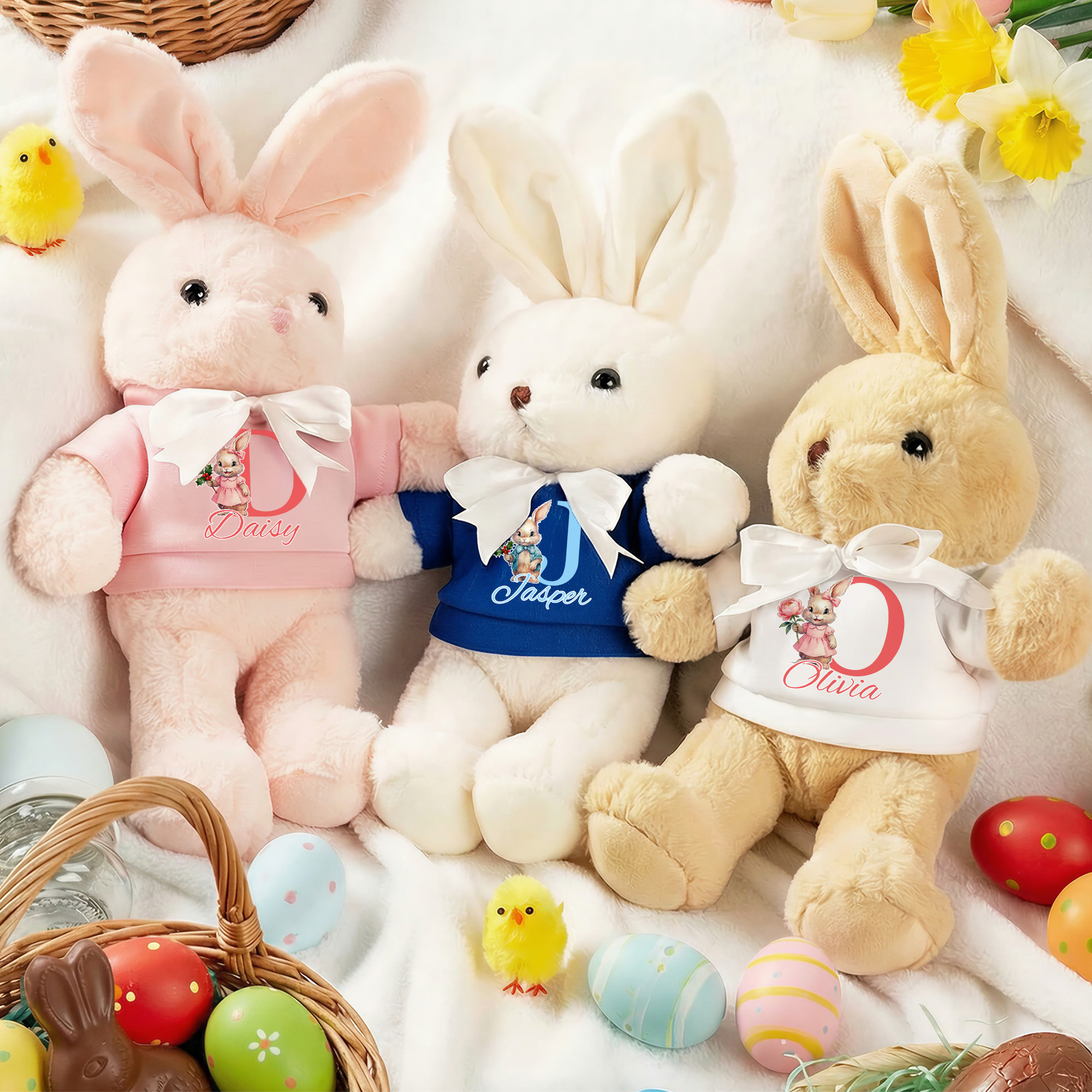 Personnalisé Lapin Fleur de naissance T-shirt peluche Lapin Jouet en peluche avec initiale et nom Cadeau de Pâques pour nouveau-nés Enfants