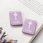 Marcapáginas magnético personalizado de cuero PU con cruz elegante y nombre regalo de cumpleaños y Navidad para amantes de la lectura