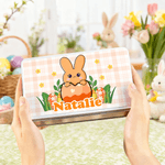 Personalized Cute Bunny Easter Egg Food Grade Metal Biscuit Tin Storage Box with Name Easter Party Gift for Kids