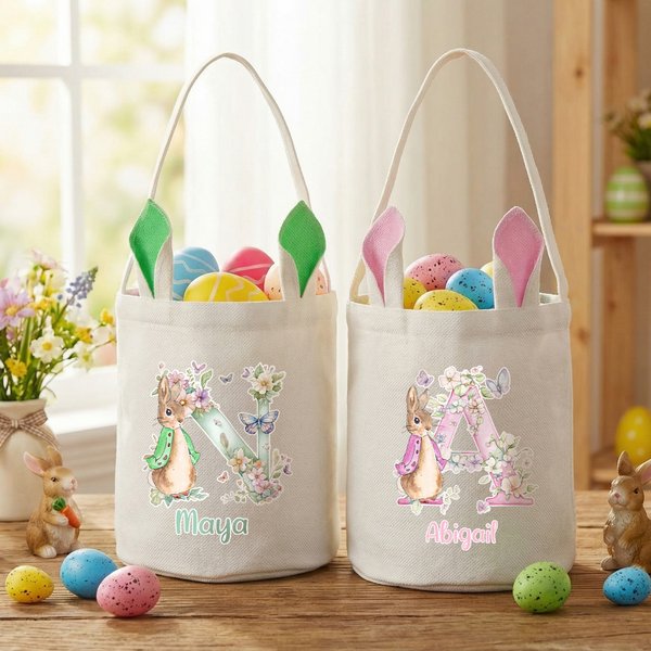 Personalizzato carino Peter Rabbit iniziale riutilizzabile coniglio orecchio cestino di Pasqua con nome caccia all'uovo di Pasqua festa bomboniere regalo per i bambini