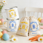 Personalized Wreath Initial Peter Rabbit 12 oz Enamel Mug Storage Bag Set with Name Easter Gift for Kids
