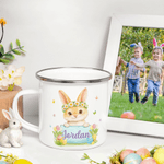 Personalized Wreath Bunny Highland Cow Animal 12 oz Enamel Mug with Name Daily Use Happy Easter Gift for Boys Girls