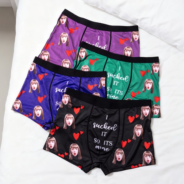 Personalised Face Photo Boxer Brief with Love Hearts I Sucked It So Its Mine Funny Quote Men's Underwear Valentine's Day Birthday Gift for Him