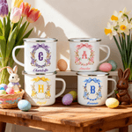 Personalized Wreath Initial Peter Rabbit 12 oz Enamel Mug Storage Bag Set with Name Easter Gift for Kids
