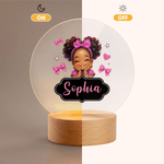 Personalized Bow Cute Cartoon Little Girl LED Acrylic Night Light with Name and Wooden Base Home Decor Birthday Gift for Black Girl