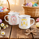 Personalized Wreath Initial Peter Rabbit 12 oz Enamel Mug Storage Bag Set with Name Easter Gift for Kids