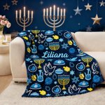 Personalized Blue Hanukkah Element Soft Throw Blanket with Name Home Decor Jewish Festival Party Gift for Family Friend