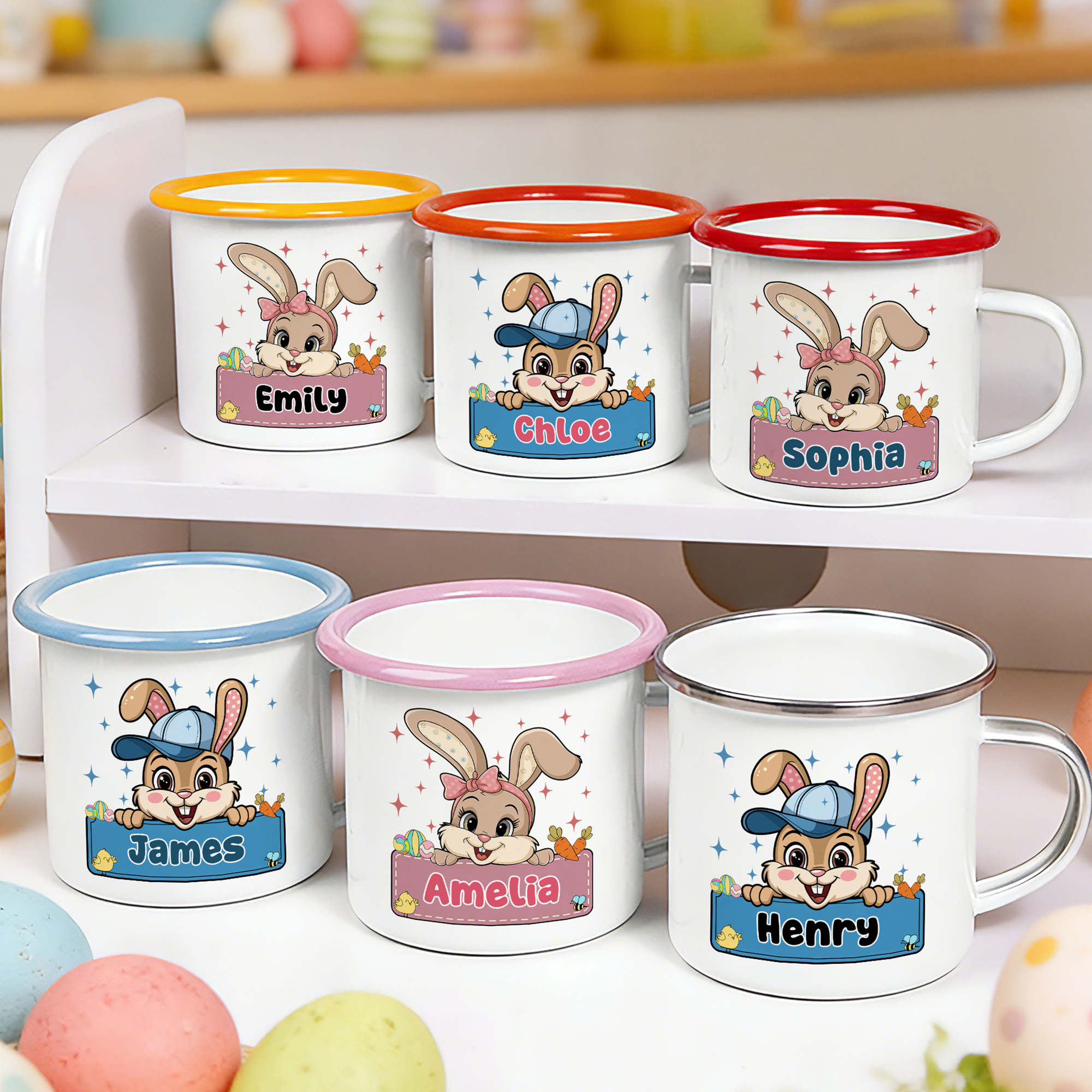 Chapeau de noeud personnalisé Lapin de Pâques 12 oz Mug en émail coloré avec nom Fête de Pâques Cadeau d'anniversaire pour enfants Garçons Filles