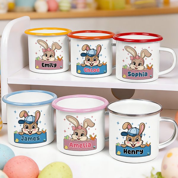 Personalised Bow Hat Easter Bunny 12 oz Coloured Rim Enamel Mug with Name Easter Party Birthday Gift for Kids Boys Girls