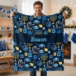 Personalized Blue Hanukkah Element Soft Throw Blanket with Name Home Decor Jewish Festival Party Gift for Family Friend