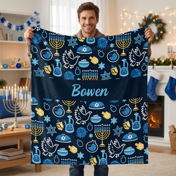 Personalized Blue Hanukkah Element Soft Throw Blanket with Name Home Decor Jewish Festival Party Gift for Family Friend