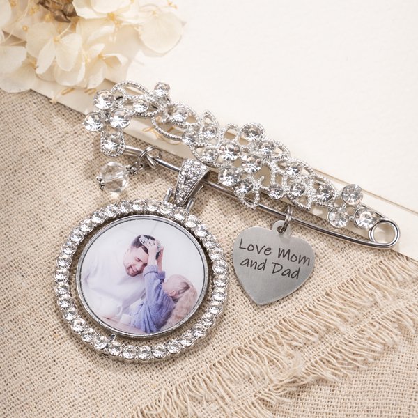 Personalized Engraved Bouquet Brooch Bling Rhinestone Pearl with Photo and Heart Charm Wedding Memorial Gift for Bride