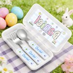 Personalized Cute Bunny Chick Doodle Letter Safe Stainless Steel Kid's Fork Spoon Knife 3 Pcs Cutlery Set with Case and Name Easter Gift for Kids
