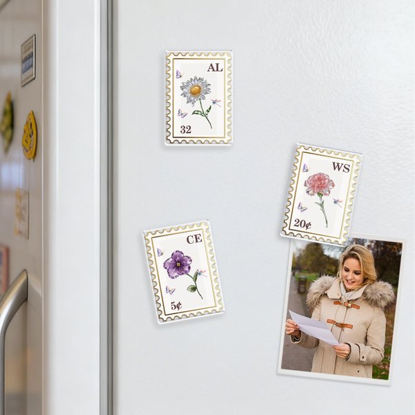 Personalized Crystal Birth Flower Postage Stamp Acrylic Fridge Magnet with Initials Home Decor Birthday Gift for Family Friend