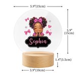 Personalized Bow Cute Cartoon Little Girl LED Acrylic Night Light with Name and Wooden Base Home Decor Birthday Gift for Black Girl