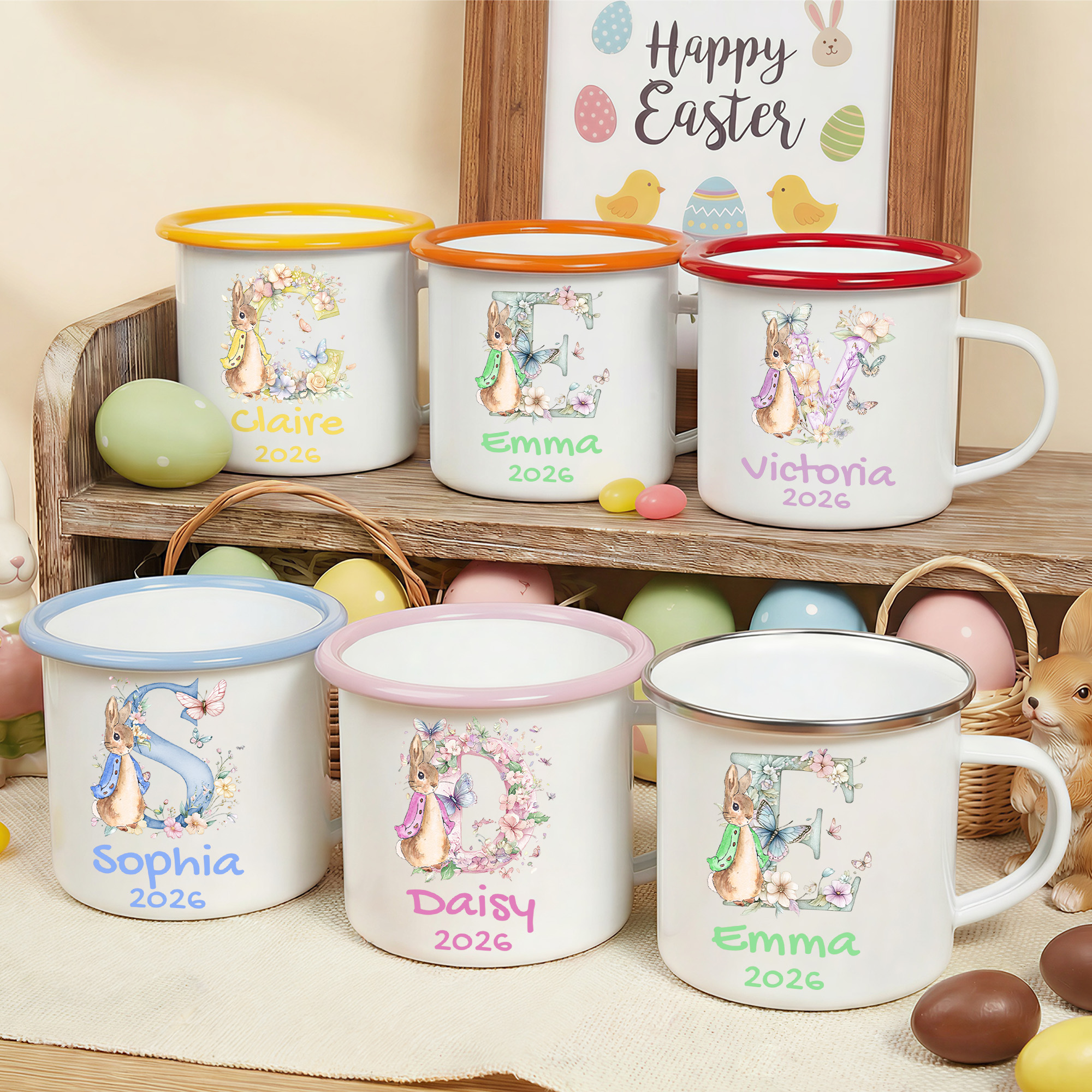 Mug émaillé personnalisé Peter Rabbit Flower Butterfly Initial 12 oz avec nom et année Anniversaire Pâques Cadeau pour enfants