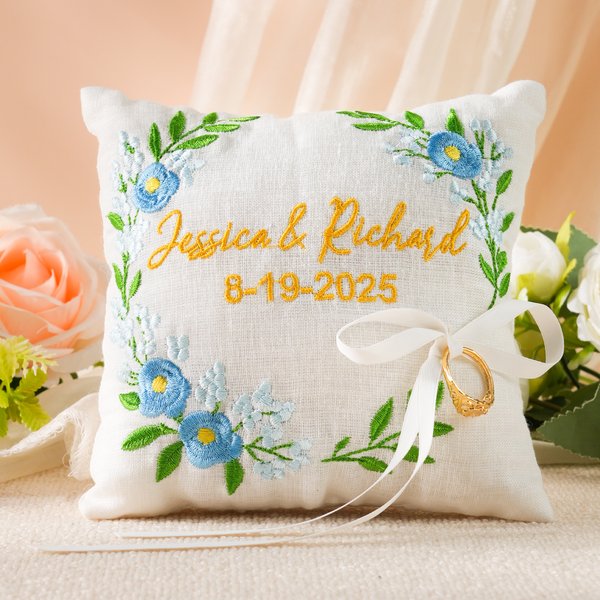 Personalised Flower Leaf Design Ring Bearer Pillow with Embroidered Names and Date Wedding Anniversary Gift for Newlywed Couple