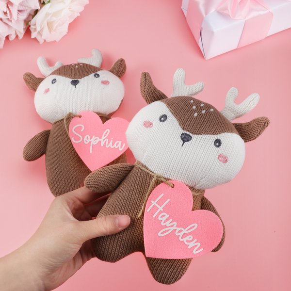 Personalised Heart Cute Deer Soft Stuffed Plush Toy with Name Valentine's Day Birthday Gift for Kids Toddlers