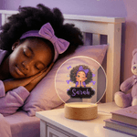 Personalized Bow Cute Cartoon Little Girl LED Acrylic Night Light with Name and Wooden Base Home Decor Birthday Gift for Black Girl