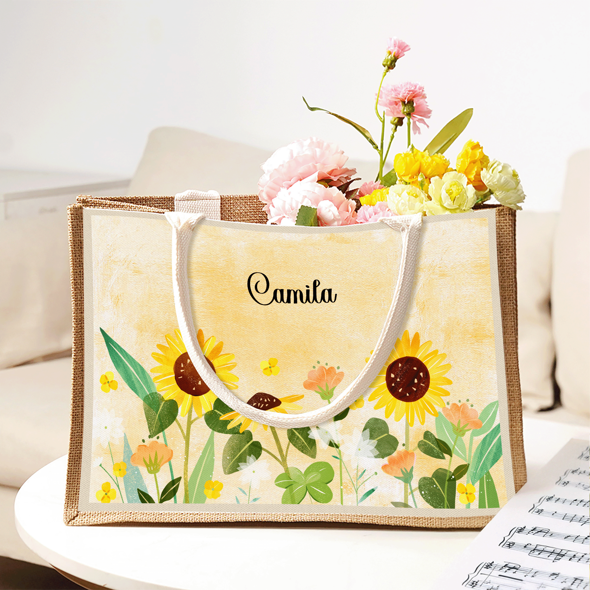 Sac en toile de jute personnalisé  avec nom et fleur Sac de grande capacité Cadeau anniversaire pour les femmes la famille et les aims
