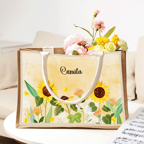 Personifierad akvarell blommig stor kapacitet Jute Tote Bag med namn Daglig användning Födelsedag Jubileum Present till kvinnor Familj Vänner