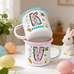Personalized Cartoon Bunny Easter Eggs Initial 12 oz Enamel Mug with Name Daily Use Happy Easter Gift for Boys Girls
