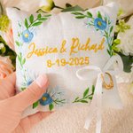 Personalized Flower Leaf Design Ring Bearer Pillow with Embroidered Names and Date Wedding Anniversary Gift for Newlywed Couple