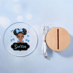 Personalized Bow Cute Cartoon Little Girl LED Acrylic Night Light with Name and Wooden Base Home Decor Birthday Gift for Black Girl