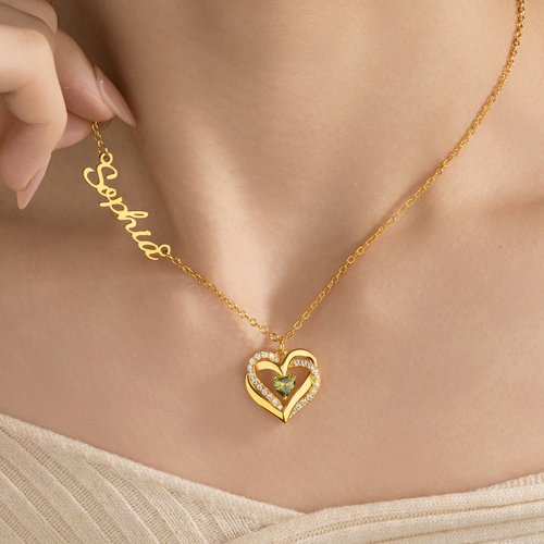 Collana con ciondolo a forma di cuore e nonna, personalizzata con pietra portafortuna, in oro rosa 14 carati